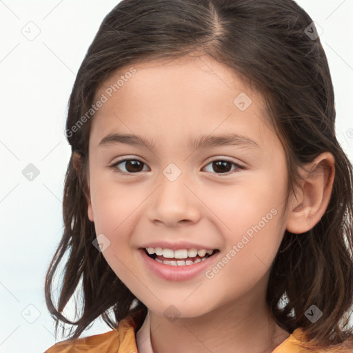 Joyful white child female with medium  brown hair and brown eyes