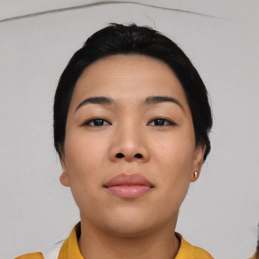 Neutral asian young-adult female with short  black hair and brown eyes