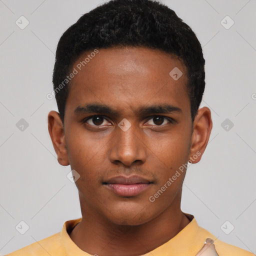 Neutral latino young-adult male with short  black hair and brown eyes