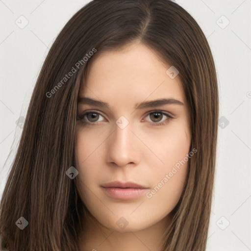 Neutral white young-adult female with long  brown hair and brown eyes