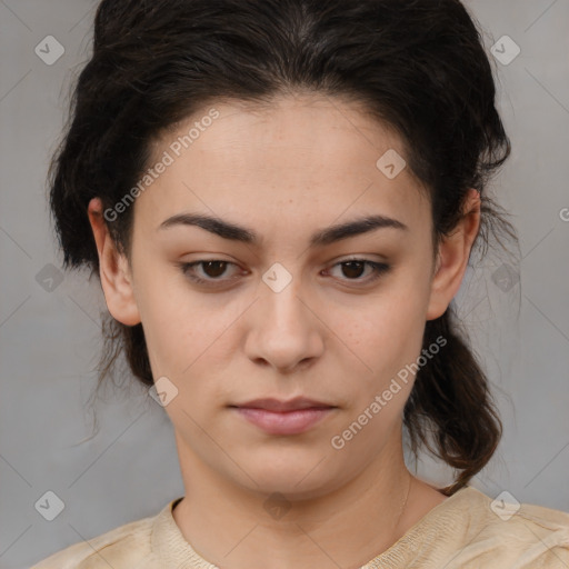 Neutral white young-adult female with medium  brown hair and brown eyes