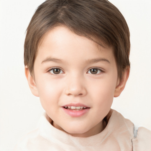 Joyful white child female with short  brown hair and brown eyes