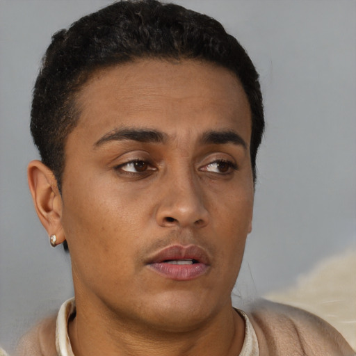 Neutral latino young-adult male with short  brown hair and brown eyes