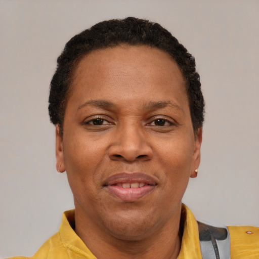Joyful latino adult female with short  brown hair and brown eyes