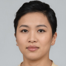 Neutral asian young-adult female with short  brown hair and brown eyes