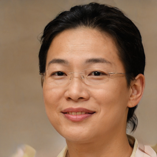 Joyful asian adult female with medium  brown hair and brown eyes