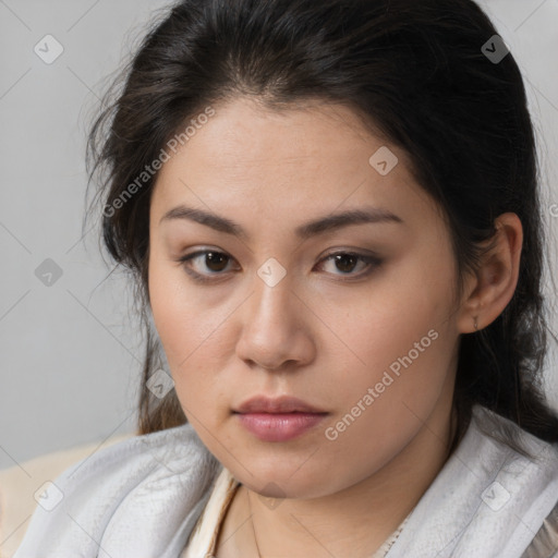 Neutral white young-adult female with medium  brown hair and brown eyes