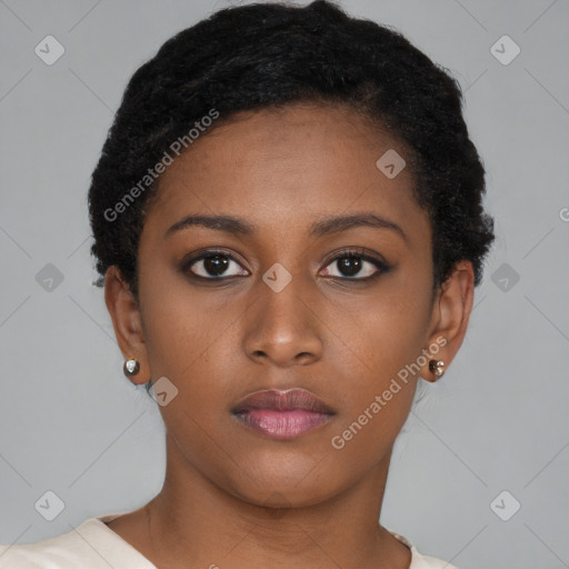 Neutral black young-adult female with short  brown hair and brown eyes