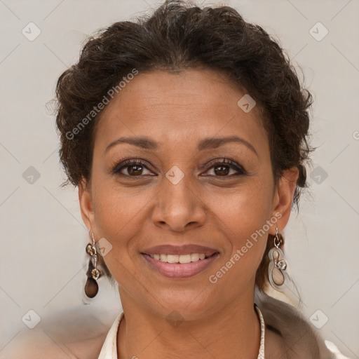 Joyful white adult female with short  brown hair and brown eyes