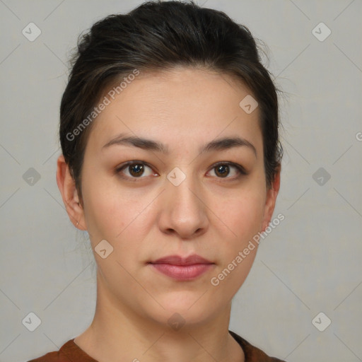 Neutral white young-adult female with short  brown hair and brown eyes