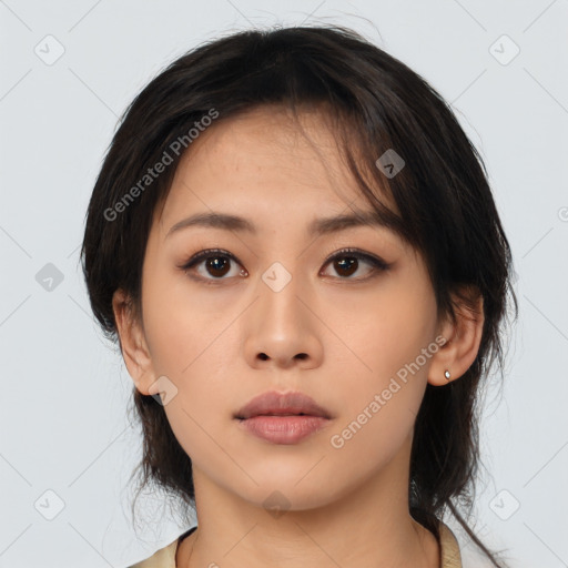 Neutral asian young-adult female with medium  black hair and brown eyes