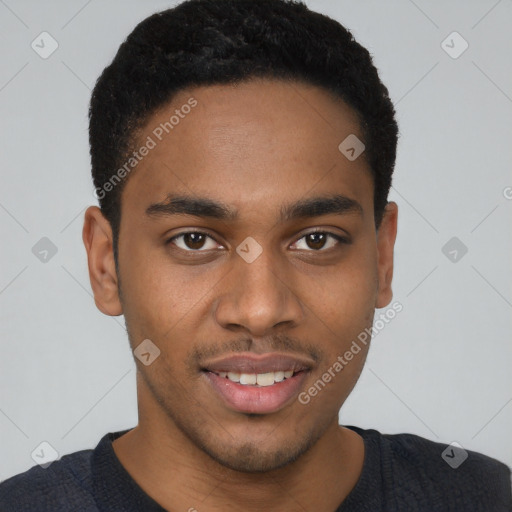 Joyful latino young-adult male with short  brown hair and brown eyes