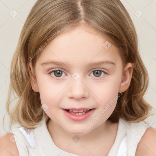 Joyful white child female with medium  brown hair and grey eyes