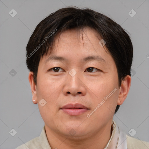 Joyful asian adult male with short  brown hair and brown eyes