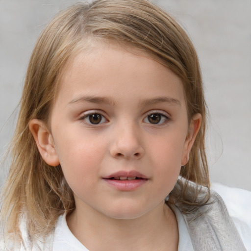 Neutral white child female with medium  brown hair and blue eyes