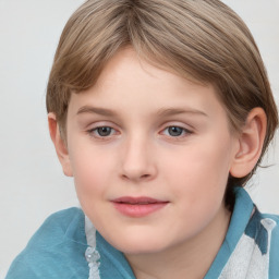 Joyful white child female with medium  brown hair and grey eyes