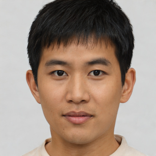 Joyful asian young-adult male with short  black hair and brown eyes