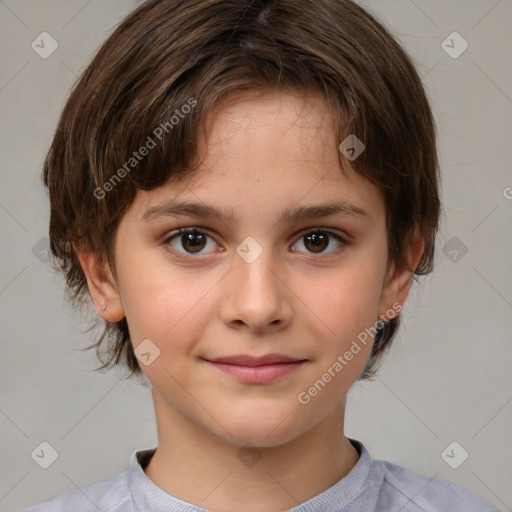 Joyful white child female with medium  brown hair and brown eyes