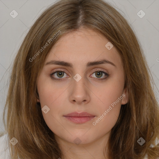 Neutral white young-adult female with long  brown hair and brown eyes