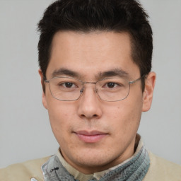 Neutral asian adult male with short  brown hair and brown eyes