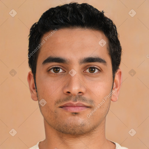 Neutral latino young-adult male with short  black hair and brown eyes