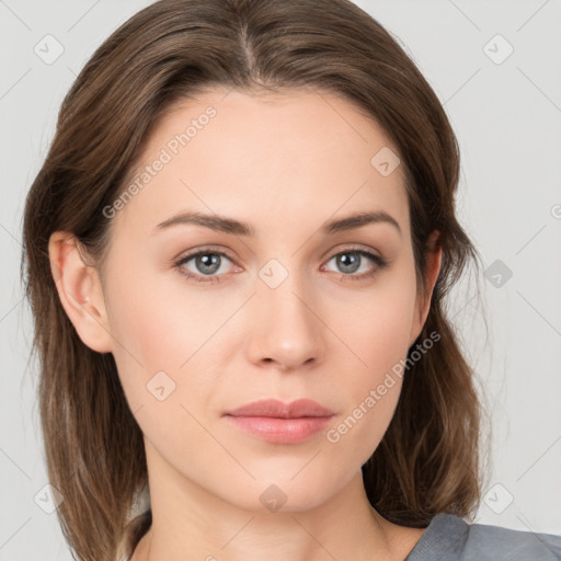 Neutral white young-adult female with medium  brown hair and grey eyes