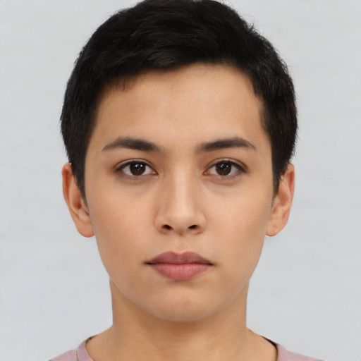 Neutral asian young-adult female with short  black hair and brown eyes