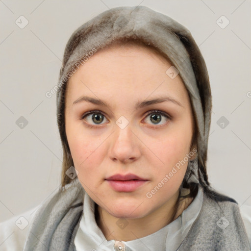 Neutral white young-adult female with short  brown hair and brown eyes