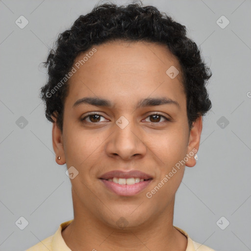 Joyful latino young-adult female with short  brown hair and brown eyes