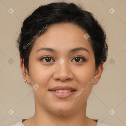 Joyful latino young-adult female with short  brown hair and brown eyes