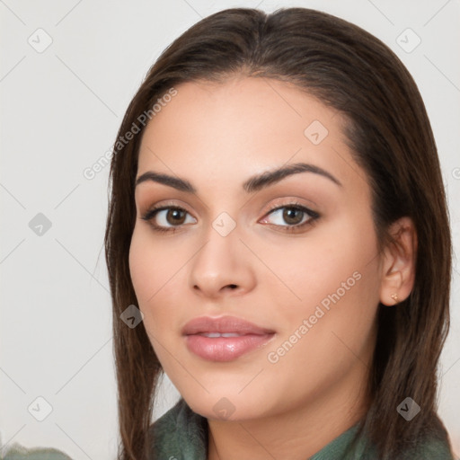 Neutral white young-adult female with long  brown hair and brown eyes