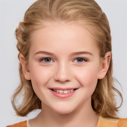 Joyful white child female with medium  brown hair and blue eyes