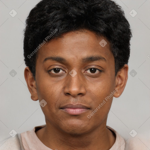 Neutral black young-adult male with short  black hair and brown eyes