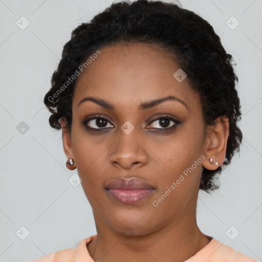 Neutral black young-adult female with short  black hair and brown eyes