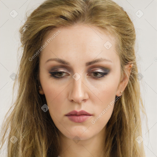 Neutral white young-adult female with long  brown hair and brown eyes