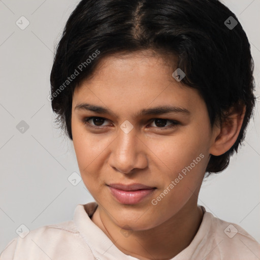 Joyful latino young-adult female with medium  brown hair and brown eyes