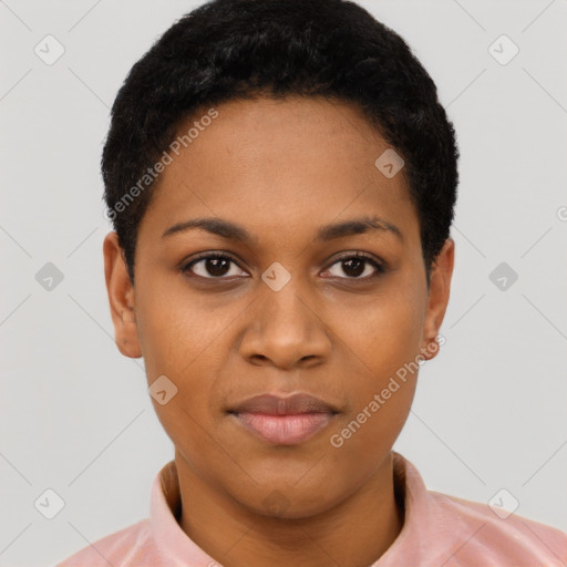 Joyful latino young-adult female with short  black hair and brown eyes