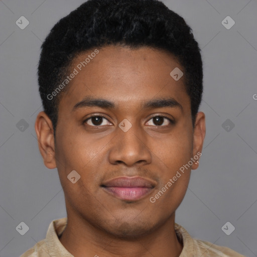 Joyful black young-adult male with short  brown hair and brown eyes