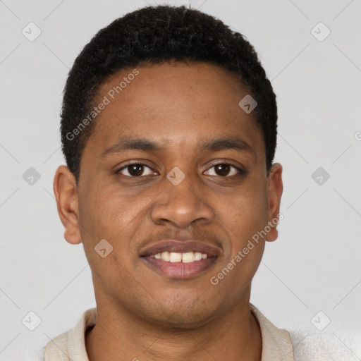 Joyful latino young-adult male with short  brown hair and brown eyes