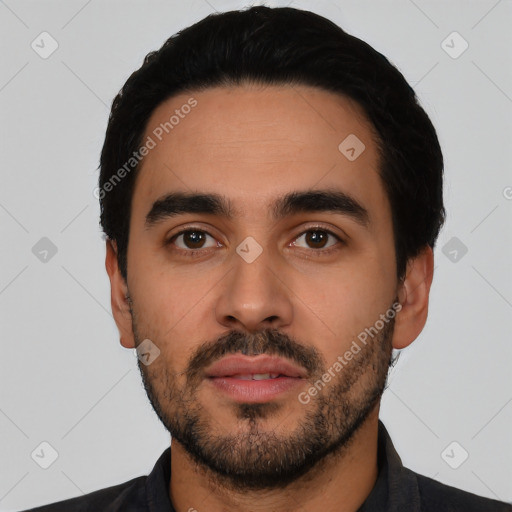 Neutral latino young-adult male with short  black hair and brown eyes