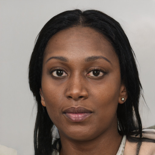 Neutral black young-adult female with long  black hair and brown eyes