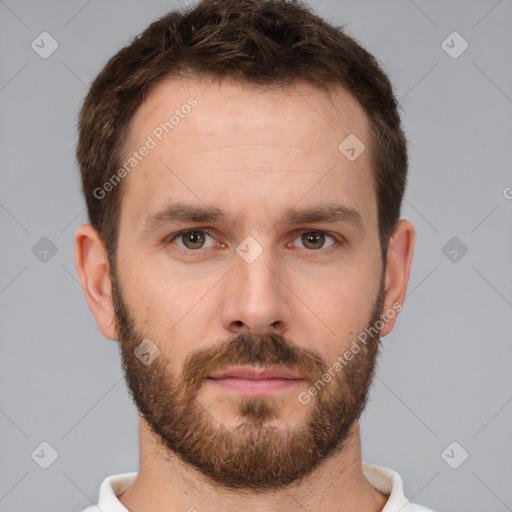 Neutral white young-adult male with short  brown hair and brown eyes