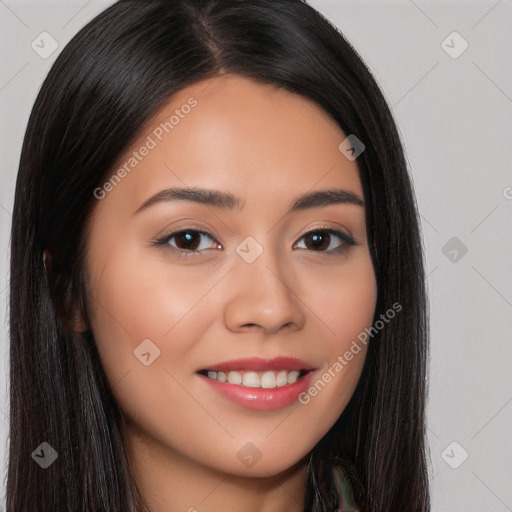 Joyful white young-adult female with long  brown hair and brown eyes