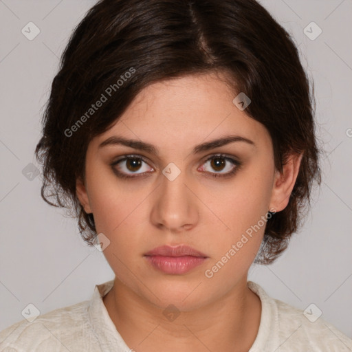 Neutral white young-adult female with medium  brown hair and brown eyes