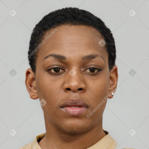 Neutral black young-adult female with short  brown hair and brown eyes