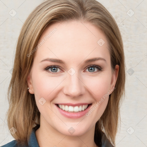 Joyful white young-adult female with medium  brown hair and blue eyes