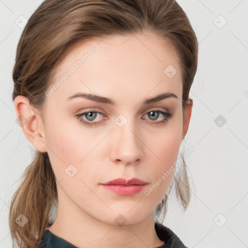 Neutral white young-adult female with medium  brown hair and grey eyes