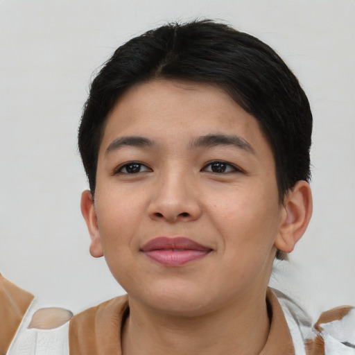 Joyful asian young-adult female with short  brown hair and brown eyes