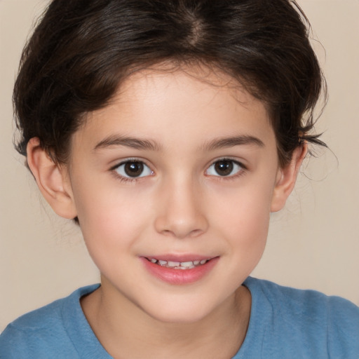 Joyful white child female with medium  brown hair and brown eyes