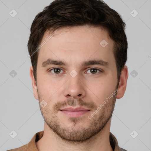 Neutral white young-adult male with short  brown hair and brown eyes